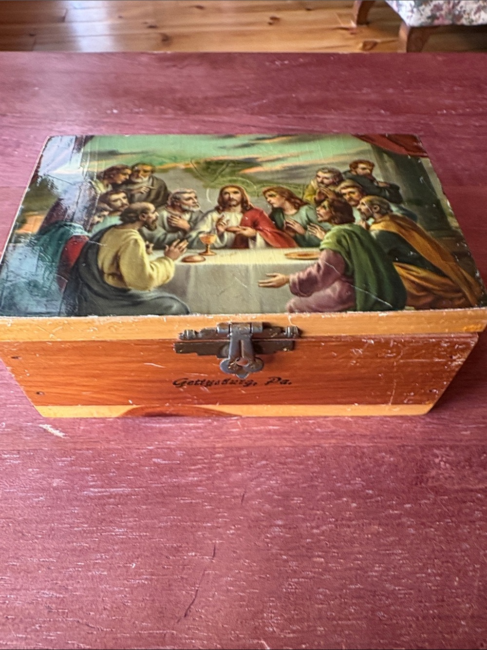 Vintage Lord Jesus Cedar Souvenir Trinket Box The Last Supper from Gettysburg PA